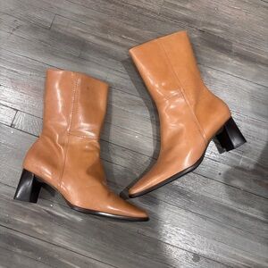 Nickels Cognac Leather Mid-Calf Block Heel Boots